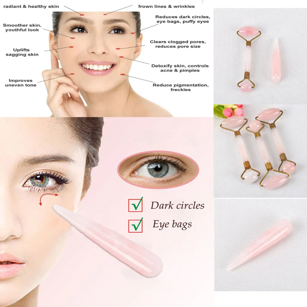 Розовый КВАРЦЕВЫЙ валик для лица с двойной головкой массажный инструмент