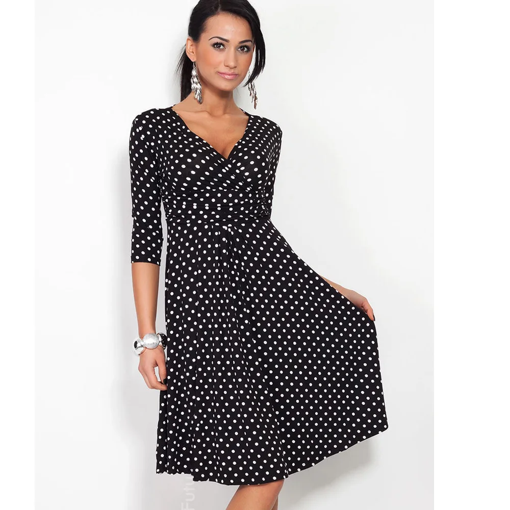 Женское платье в горошек с V образным вырезом|dress size|women dressdresses free shipping |