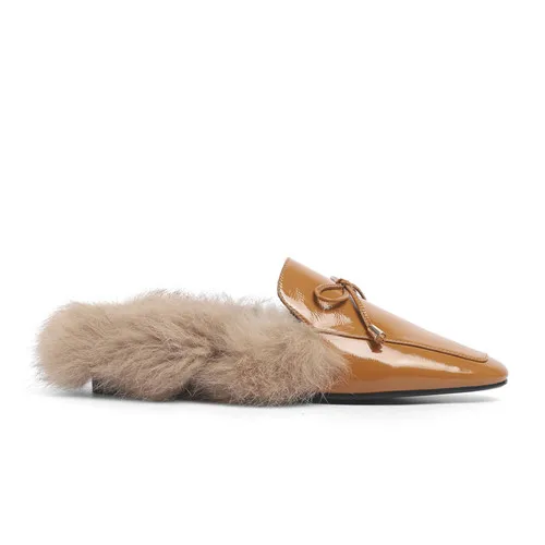 New genuine leather shoes rabbit hair shoes butterfly knot Muller half slippers for women in autumn and winter of - Цвет: Цвет: желтый