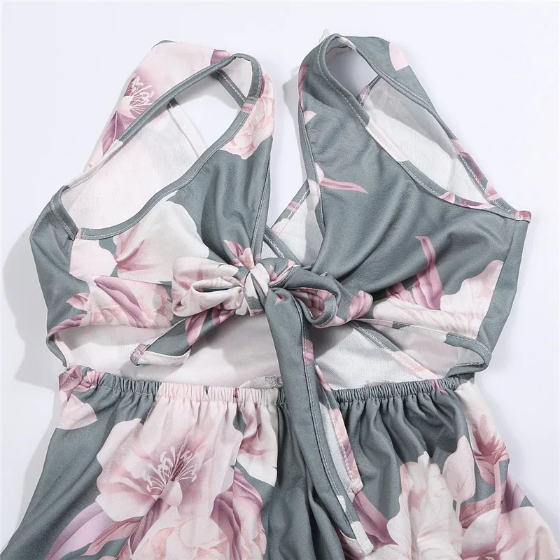 Модный женский комбинезон Boho, длинный, макси, вечерний комбинезон с цветочным принтом, сарафан, полый бант, v-образный вырез, женский комбинезон
