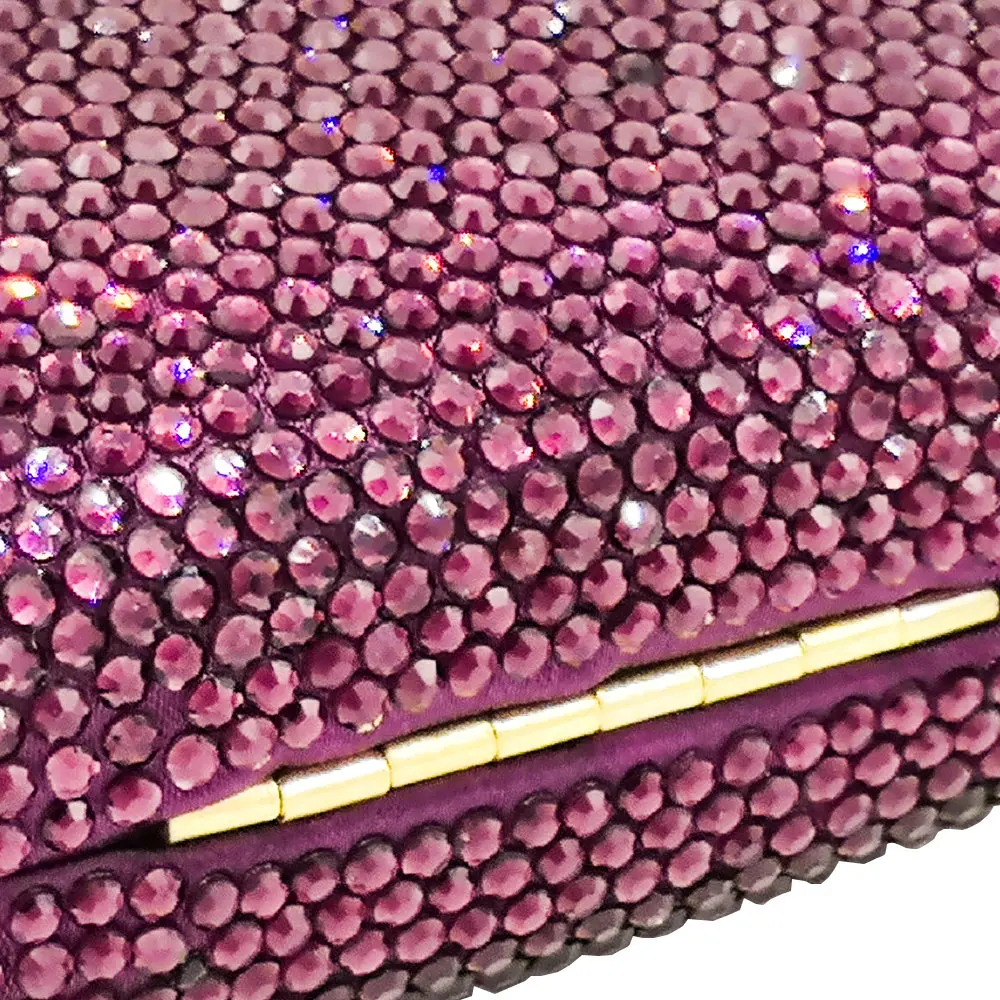 Double Flower Kiss Clasp Round Circular Women Purple Crystal Clutch Evening Handbags Hard Case Wedding Cocktail Diamond Bag