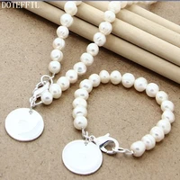 doteffil 8mm natural pearl beaded chain 925 sterling silver round pendant necklace bracelet set for women wedding jewelry