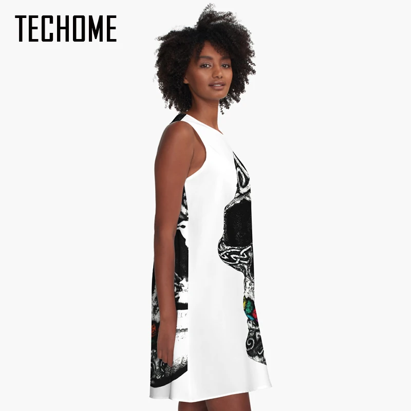 Женское винтажное платье трапеция с 3D принтом черепа свободное трикотажное