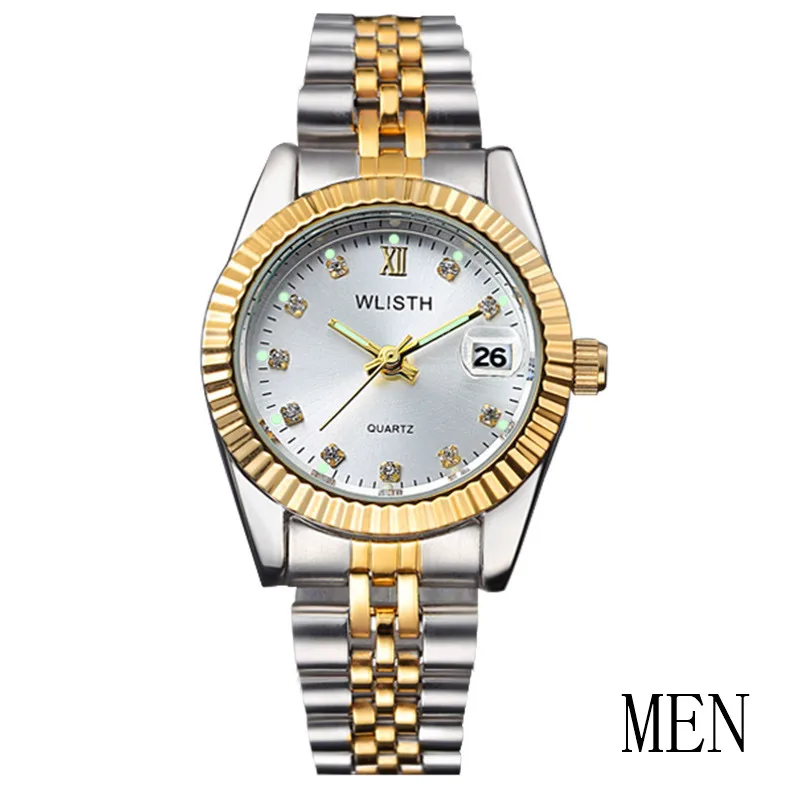 men two tone white Парные часы wlith, Топ бренд, роскошные часы для мужчин и женщин, кварцевые часы, Авто Дата, модные повседневные часы для влюбленных, нержавеющая сталь, Relogio - Цвет: men two tone white