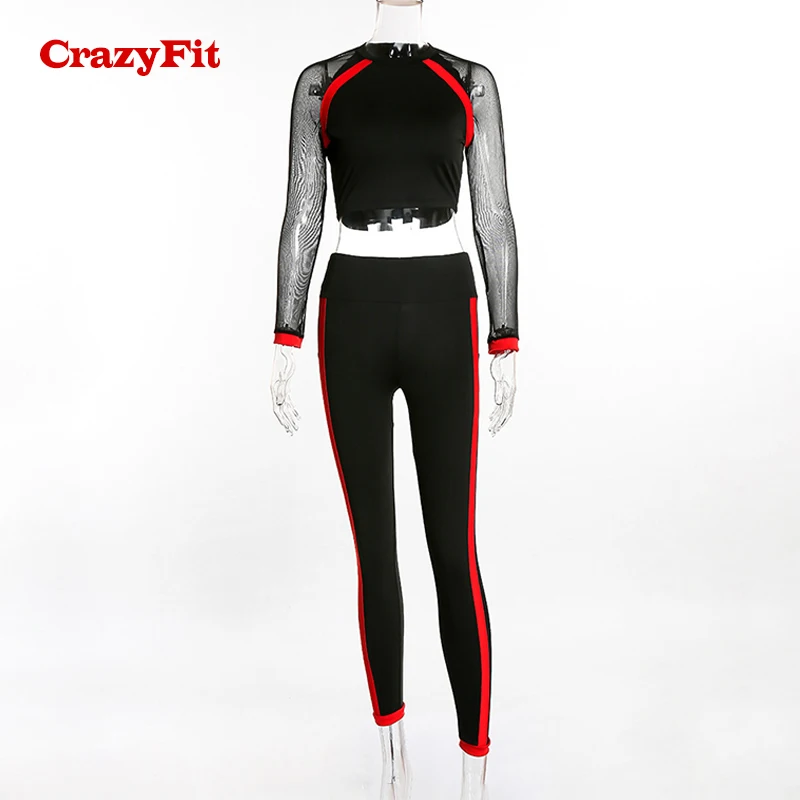 CrazyFit, спортивная одежда, женский сексуальный сетчатый комплект с длинным рукавом, черный, красный, пэчворк, для йоги, укороченный топ/леггинсы, для фитнеса, спортзала, спортивный костюм