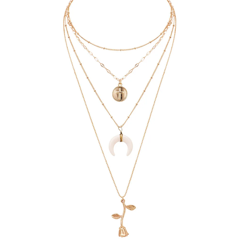 Женское многослойное ожерелье чокер с перекрестной Луной и розой пляжный