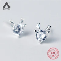 2018 new women 100 925 sterling silver tiny cute elk stud earrings girls kids gift crystal zircon deer antlers earrings