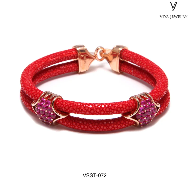 red rosegold Подлинная темно-фиолетовый браслет из кожи ската с стерлингового серебра 925 очаровательный аппаратный браслет из вонючей кожи подарок для модных - Окраска металла: red rosegold