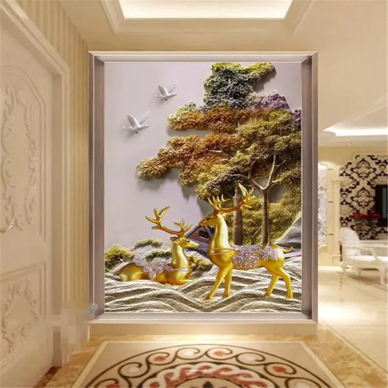 3D three-dimensional embossed fortune tree elk porch professional production mural wholesale wallpaper custom photo wall | Обустройство