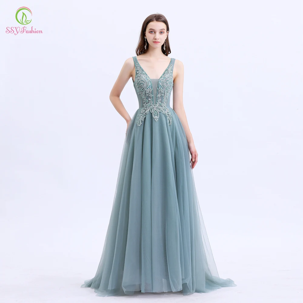 SSYFashion, новинка, Vestido De Noche, женское, для банкета, элегантное, вечернее платье, v-образный вырез, кружево, аппликация, бисер, длинные, вечерние, официальные платья