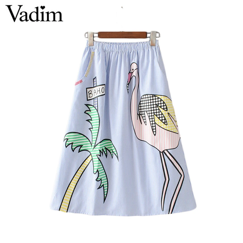 Women sweet coconut tree print striped skirts faldas mujer elastic waist pockets ladies fashion streetwear mid-calf skirt BSQ552 | Женская