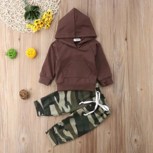Fall Spring Kid Boy Clothes Baby Long Sleeve Hooded Pocket Tops+Camo Pants Cotton Nebworn Children Outfits Set |