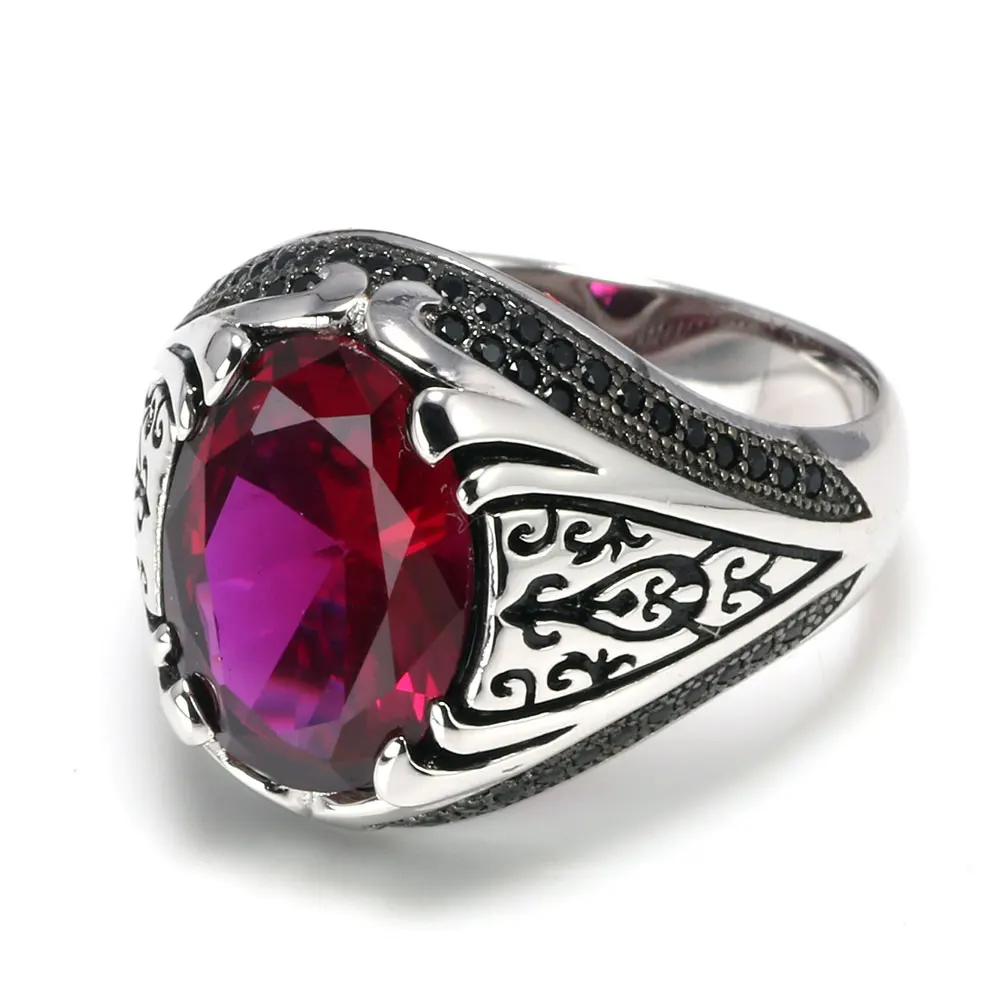 Rose Red Гарантированное 925 Серебряное кольцо Роскошные турецкие ювелирные изделия для мужчин и женщин с циркониевым камнем Ретро Винтажные кольца в Fijne Sieraden - Цвет основного камня: Rose Red