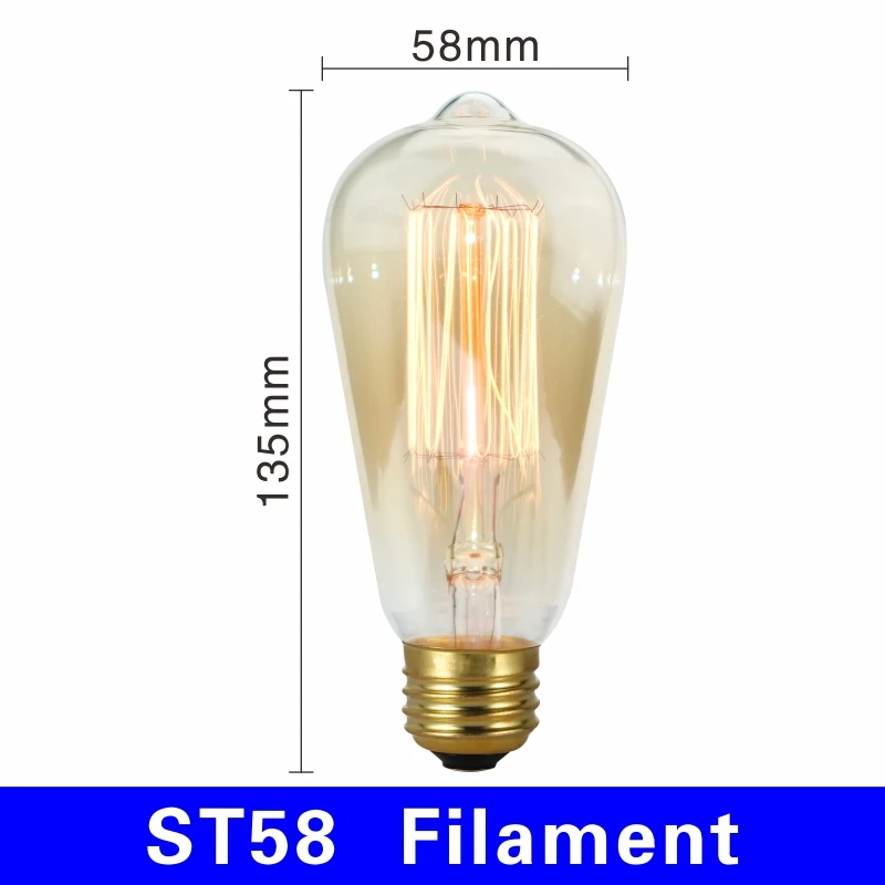 ST58 filament Электрическая лампочка эдисона светильник лампочка E27 220V 40W подвесной светильник в стиле ретро A19 A60 ST64 T10 T45 T185 G80 G95 нити Винтаж ампулы лампа накаливания со стеклянным колпаком - Цвет: ST58 filament