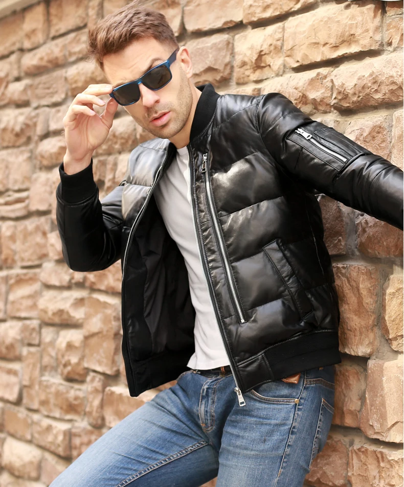 Italy fashion men's genuine sheepskin leather duck down coat male winter short motorcycle jacket black plus large big size 5xl | Мужская