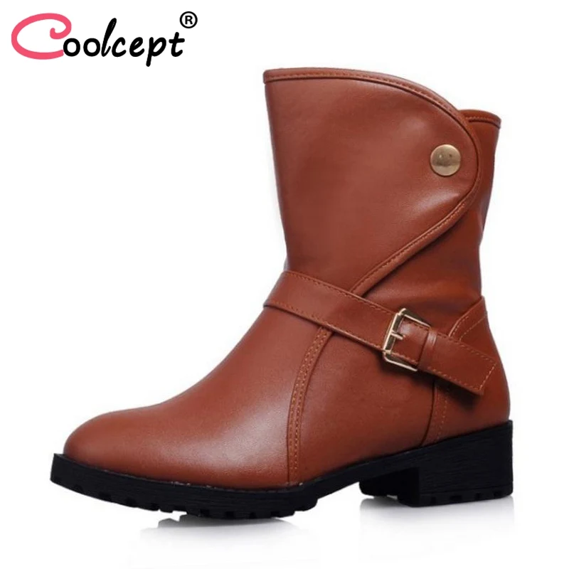 Coolcept Size 34-43 Woman Flats Boots Metal Buckle Plush Fur Winter Ankle Women Shoes Fashion Simple Short | Обувь