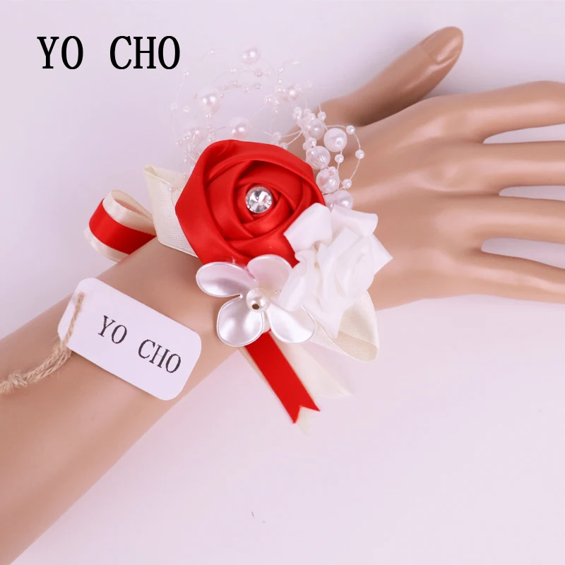 YO CHO модные нежные красные и белые розы с жемчужинами на запястье цветы шелковые