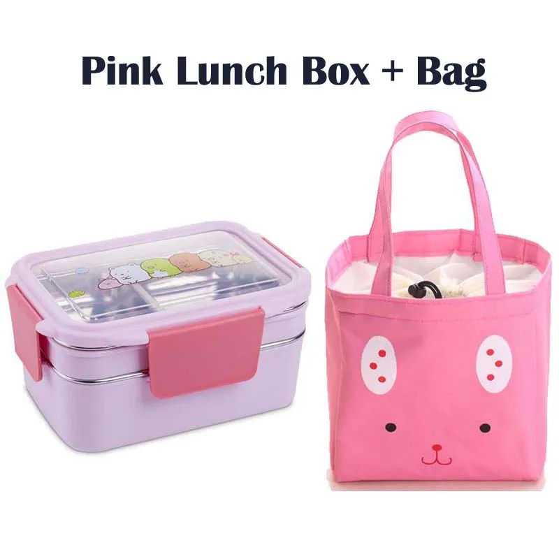 Pink Lunch Box x Bag Картонный Ланч-бокс для детей, японский 304 из нержавеющей стали, Bento box, герметичный детский Ланч-бокс, контейнер для еды, 1400 мл - Цвет: Pink Lunch Box x Bag