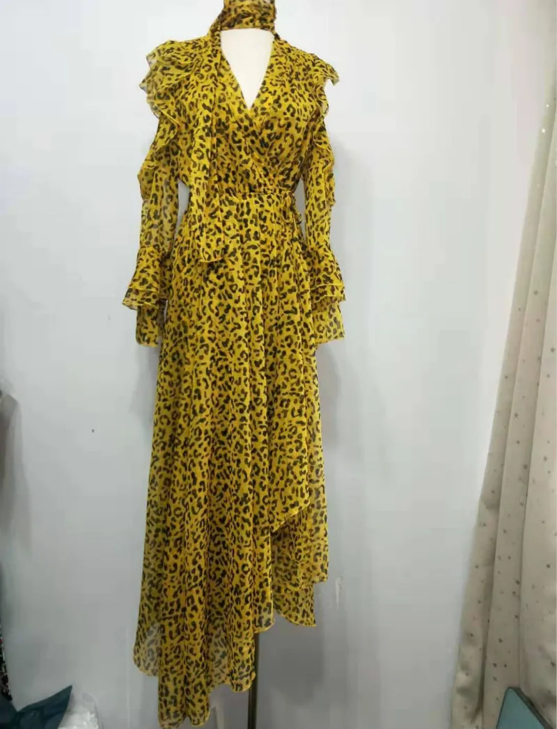 Runway 2019 Summer Maxi Long Dresses Chiffon Luxury Leopard Print Irregular Collection Sexy V-neck Hollow Out Back Ruffles Dress | Женская