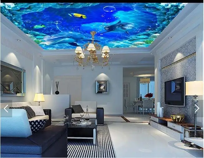 3d фото обои на заказ потолочные настенные Морские водные линии морские дельфины