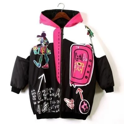 Photo Color ZURICHOUSE панк Женское зимнее пальто Harajuku мультфильм печати с капюшоном размера плюс свободные ватные куртки дамы уличная парка - Цвет: Photo Color