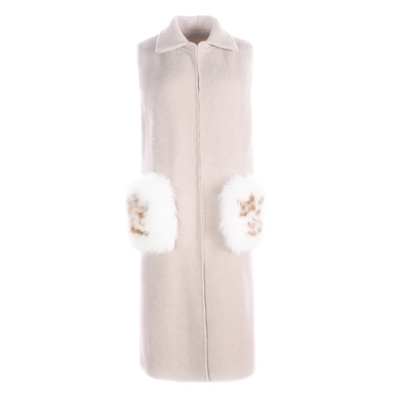 Women Mink Cashmere Gilet Real Fox Fur Pocket Vest High Quality Turn Down Collar Fashion Long Elegant Female Vests | Женская одежда