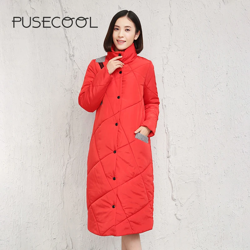 PUSECOOL 2017 New Fashion Spliced Women Long Parkas High Collar Single Breasted Warm Winter Jacket Lady Coat Casual Outerwear | Женская