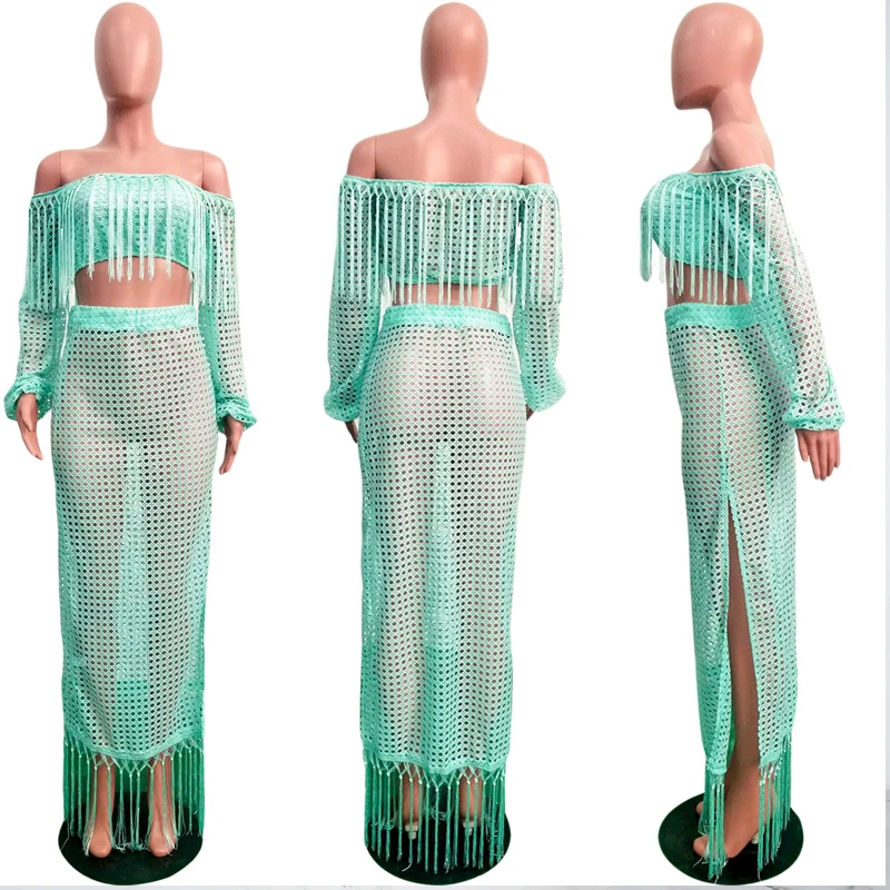 Сетчатый прозрачный кроп Топ с длинным рукавом и кисточками юбка макси пляжная