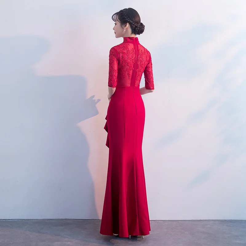 Это YiiYa красное вино оборками ужин платья Vestidos очаровательные Сплит Русалка Вечерние платья H202