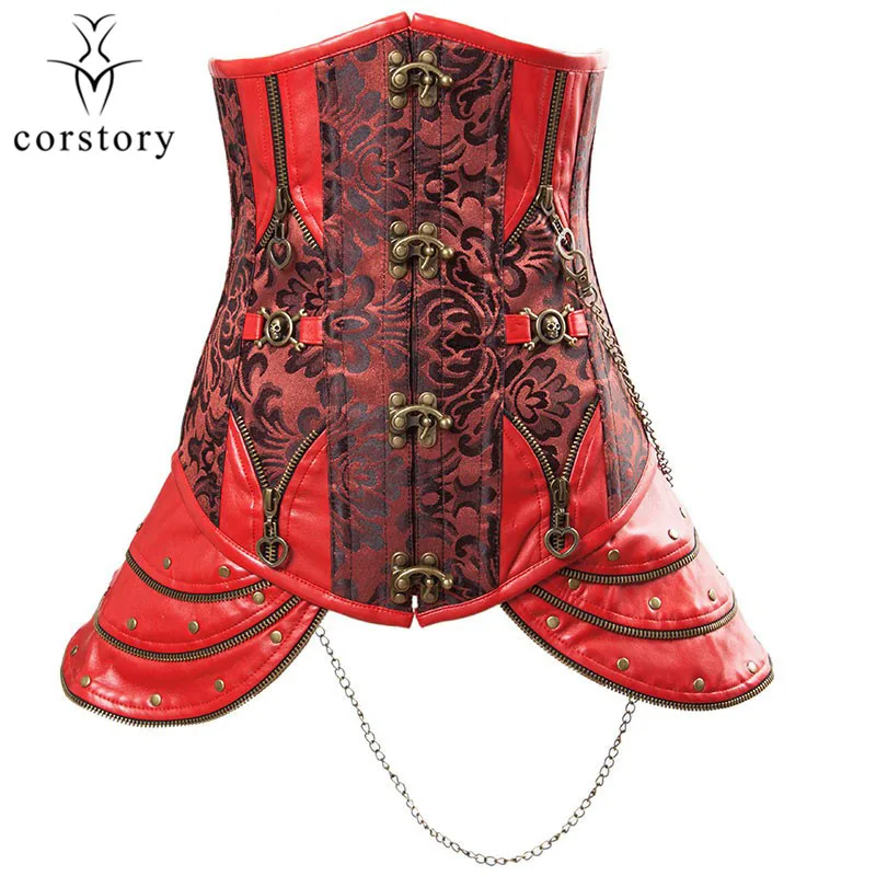 Red Corstory коричневый ПАРЧИ стимпанк юбка-корсет и бюстье с застёжки молнии цепи пуговицы Готический грудью талии тренер 6XL - Цвет: Red