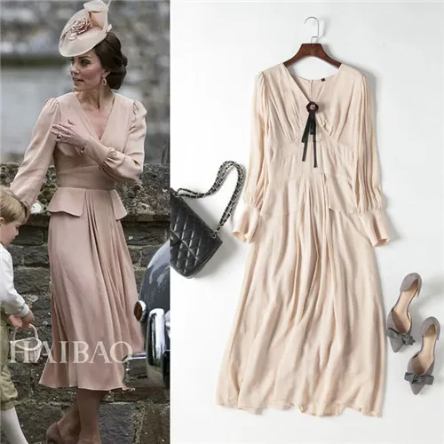 2018 весна взлетно-посадочной полосы миди платье с длинным рукавом Для женщин