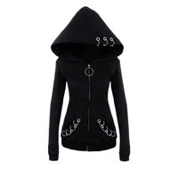 xuancool women hoodies long gothic punk iron rings black loose hood jacket zipper coat casual sweatshirt tracksuit