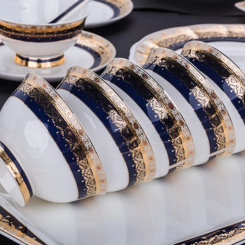 Костяные фарфоровые тарелки для мисок 58 шт. посуда рельефная Золотая серия блюда