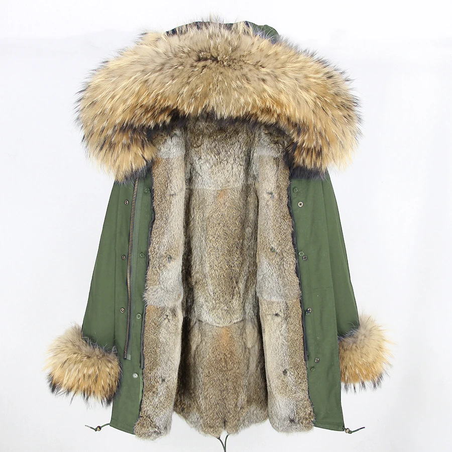 OFTBUY длинная парка зимняя куртка женская парка пальто из натурального меха енота капюшон Подкладка из натурального кроличьего меха Роскошная уличная одежда - Цвет: army natural