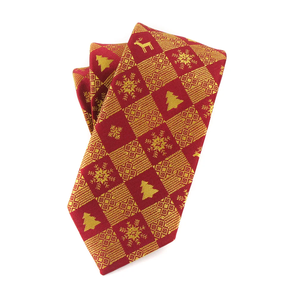 

Plaid Men's Tie Gold Red Snowflake Christmas Tress Neck Tie for Party Festival