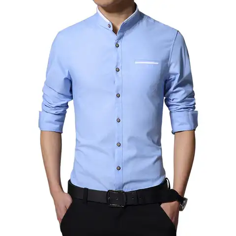 Мужская Повседневная рубашка, приталенная рубашка без воротника, с длинным рукавом, деловая, 2019