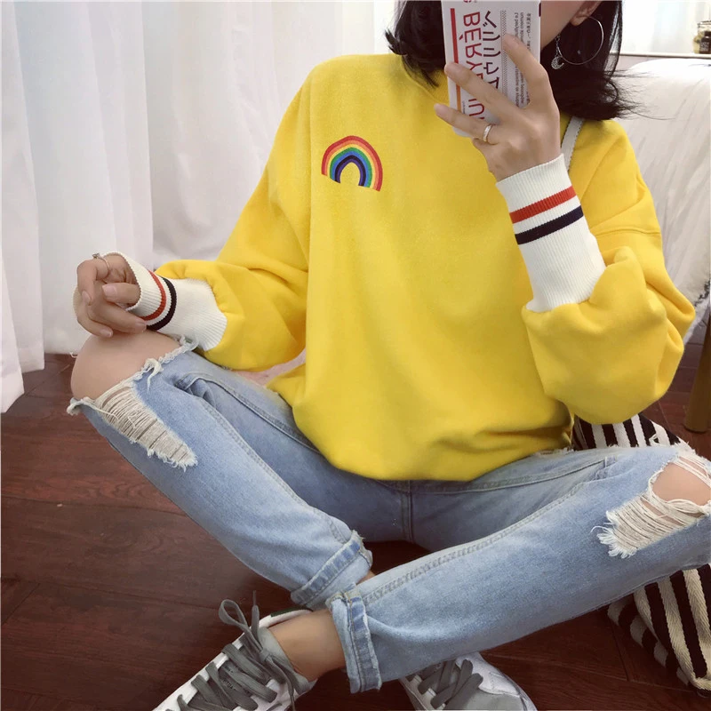 YouGeMan Осень Зима Кофты женские Толстовки корейский Ulzzang Harajuku Радуга полосатый бархат толстовка Девушка Пуловеры Топы