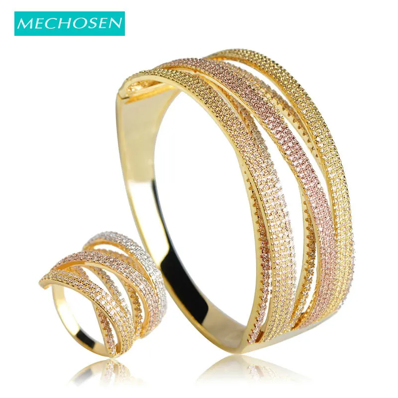 

MECHOSEN Classic Wide Bangle Ring Sets Multilayer Brass Silver Color Cubic Zirconia Pulseira Aneis Aros Accessories riverdale