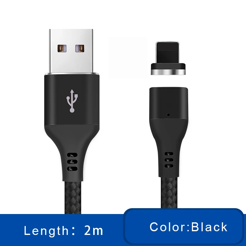 1 м 2 м Магнитный Кабель зарядного устройства микро-usb для iPhone Xs Max XR X 6 s 6s 7 8 Plus магнит Тип C светодиодный 3A быстрая зарядка длинный провод шнур - Цвет: Black 2m