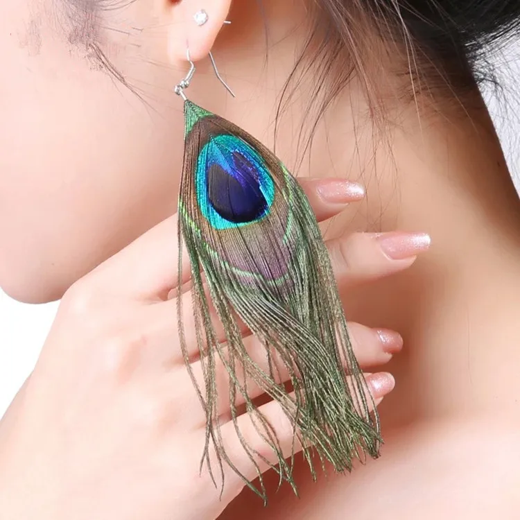 Серьги H: HYDE Модные Разноцветные серьги с натуральным пером|peacock natural feather earrings|natural