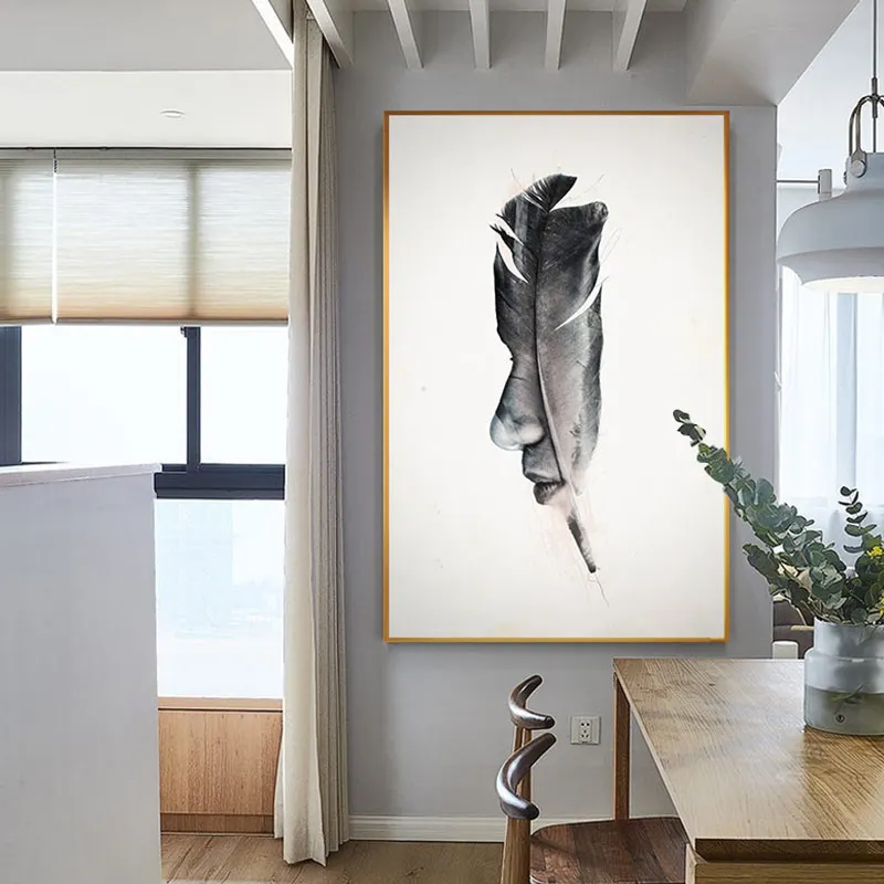 

Nordic Creative Black White Feather Man Face Canvas Art Fashion Wall Picture for Living Room Entrance Abstract Big Poster Print