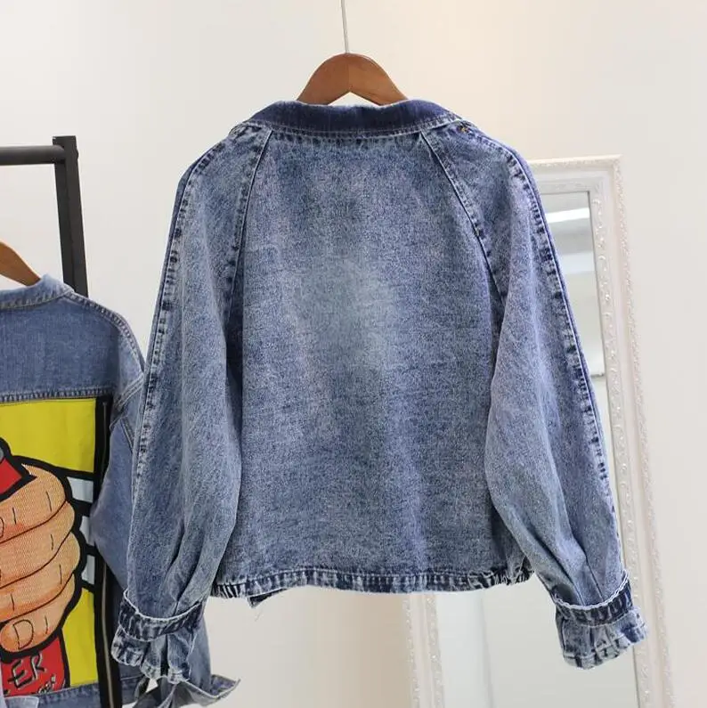 Осень Для женщин с лацканами джинсовая куртка уличная Zip-up длинным рукавом Винтаж