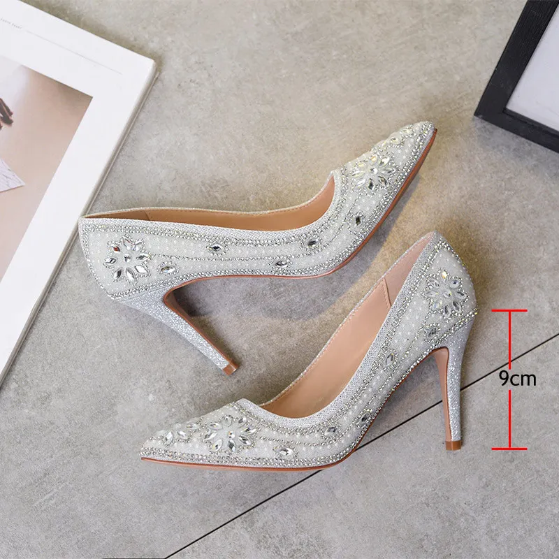 Silver 9cm Новинка года, роскошные женские свадебные туфли со стразами, женские туфли на высоком каблуке-шпильке с острым носком, женские туфли со стразами, туфли-лодочки Золушки на каблуке - Цвет: Silver 9cm