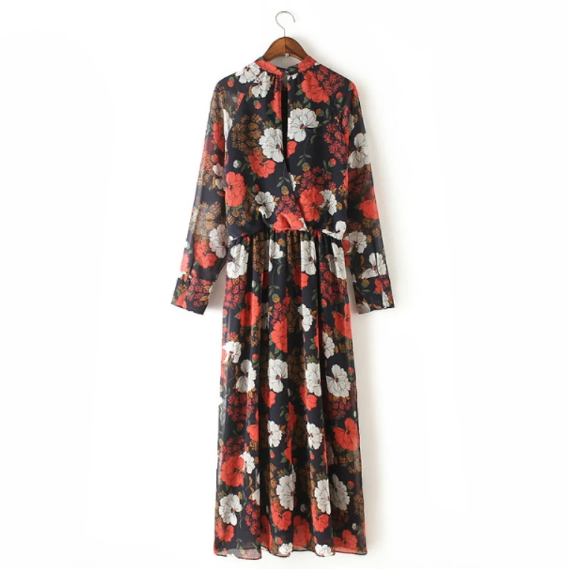 2017 лето-осень Для женщин Стенд Воротник Цветы Печать шифоновые платья дамы