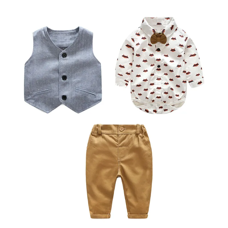 

Newborn Boy Clothing Sets Cotton Gentleman Autumn Spring Fashion Plaid Rompers + Pants + Vest Baby Outfits 0-24M KB8082