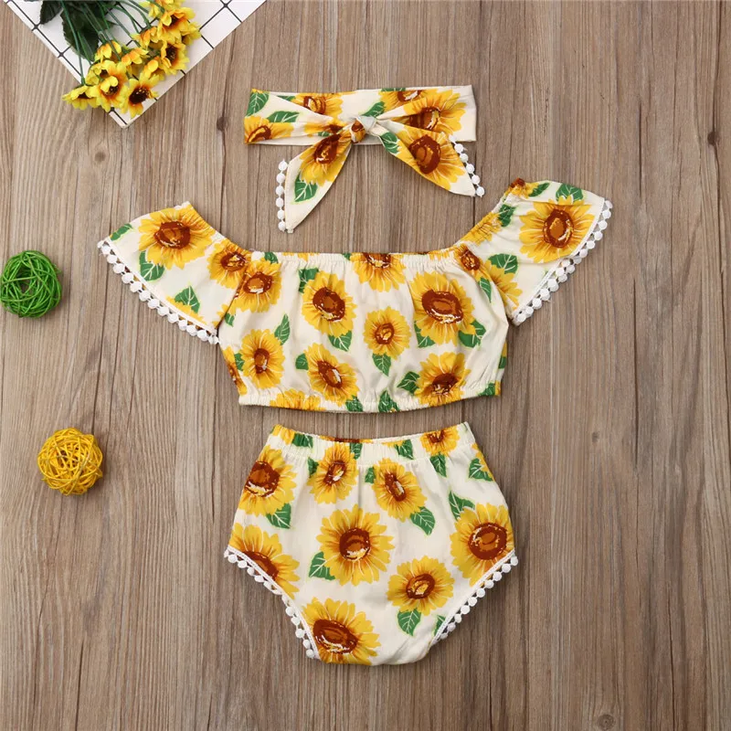 

Newborn Baby Girl Sunflower Clothes Sets 0-18M Cute Off Shoulder Crop Tops Tassels Shorts Bow Headband 3Pcs Baby Girl Outfits