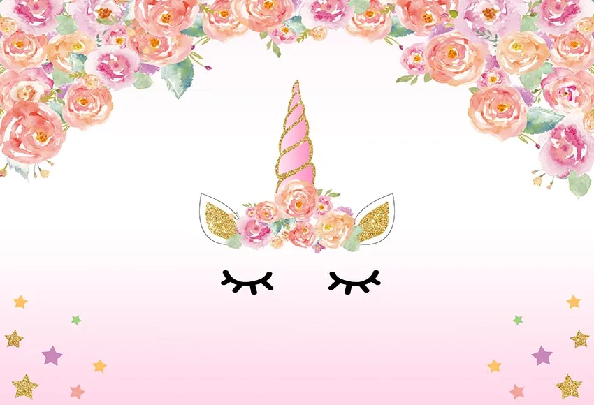 7x5FT Light Pink Floral Flowers Unicorn Face Mask Eyes Stars Custom Photo Background Studio Backdrop Vinyl 220cm x 150cm | Электроника