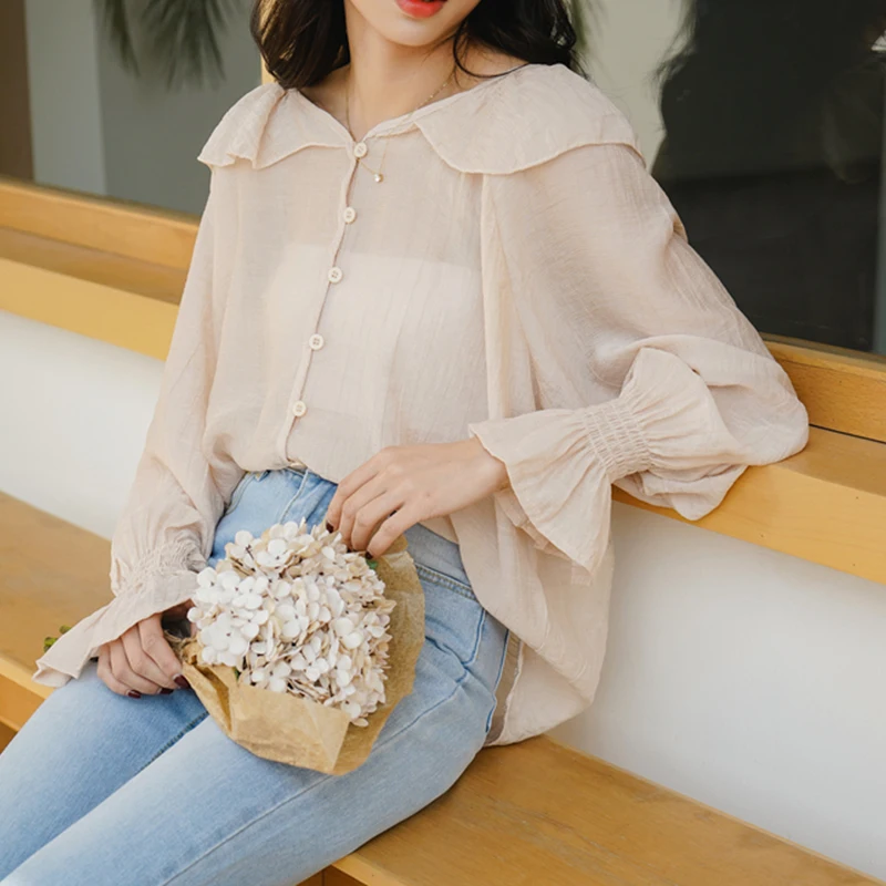 Женские прозрачные шифоновые весенние блузки Femme Ruffles фонарь рукав прозрачная