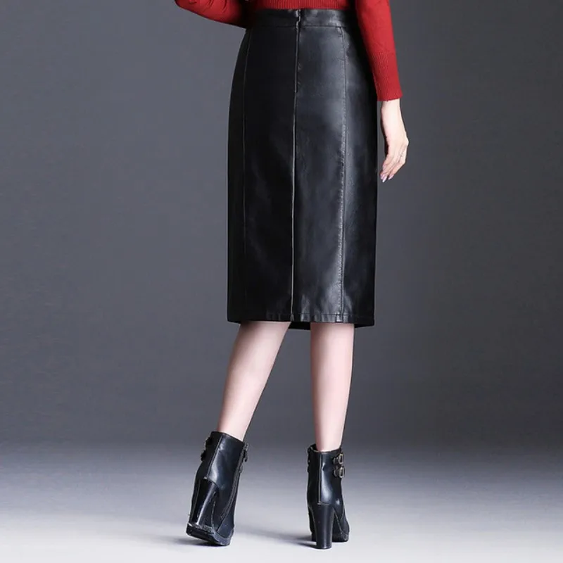 Новинка осенне-зимние женские юбки из искусственной кожи черные офисные прямые