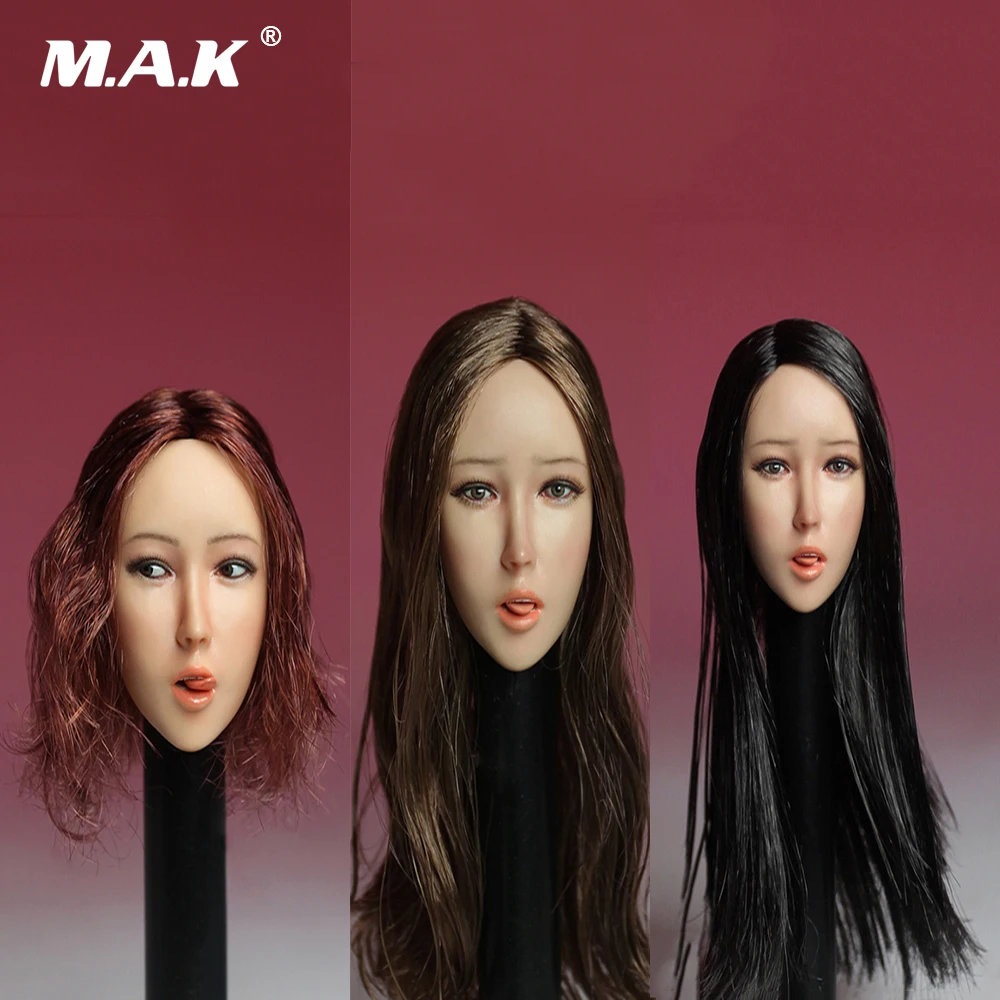 

1/6 Asia Beautiful Female Head Scuplt Black Straight Hair Head Carved Spit Tongue PVC Head Model Accessory